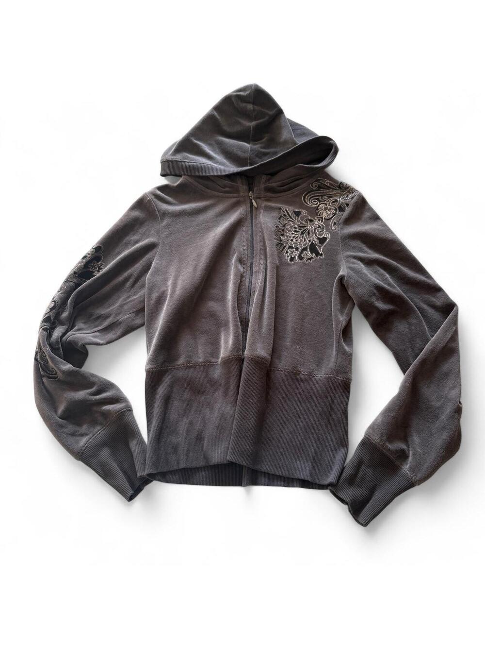 Y2K Cynthia Rowley Velour Velvet Beaded Floral Zip-Up Hoodie - Picture 2 of 7